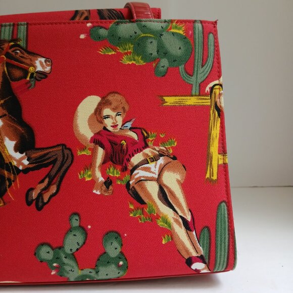 Retro 50's Red Rockabilly Pin Up Cowgirls with Beads & Sequins Shoulder Bag - Picture 8 of 13